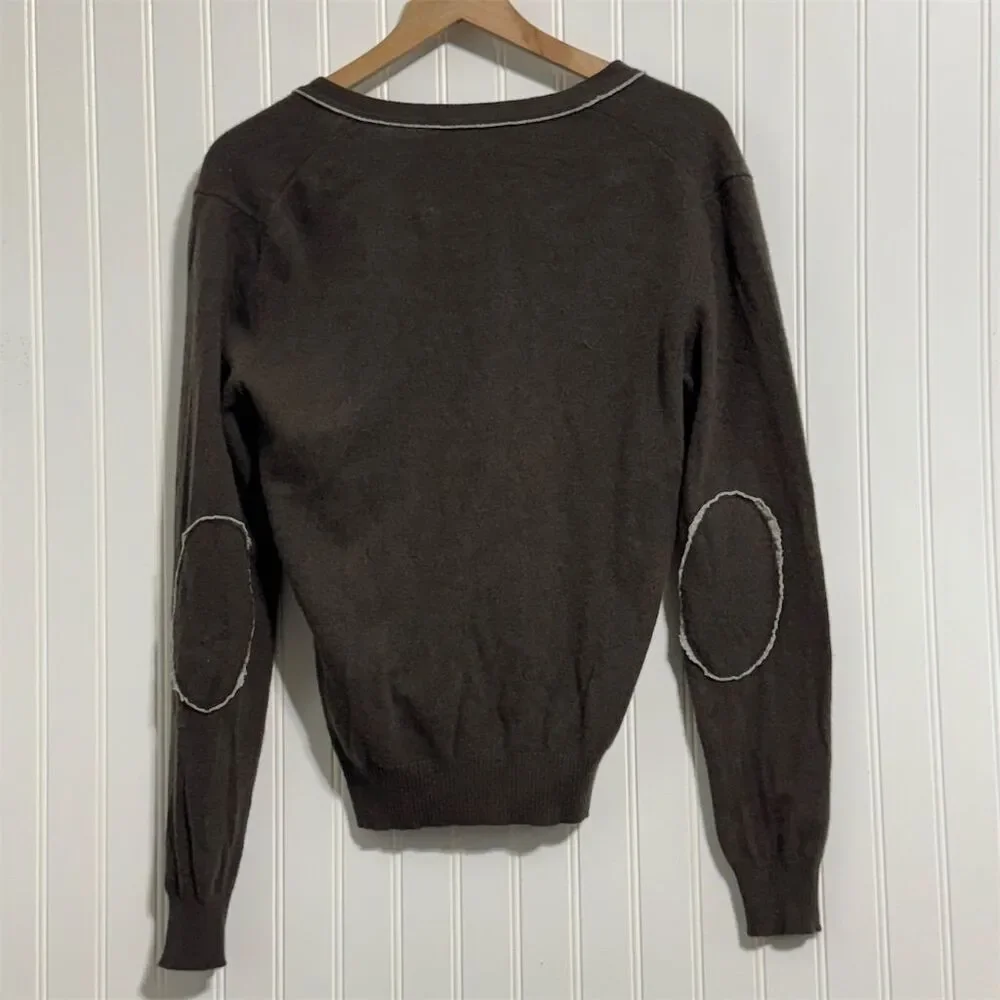 SISLEY 80% Wool Cardigan Sweater M‎ Dark Brown Contrast Stitching Elbow Patches
